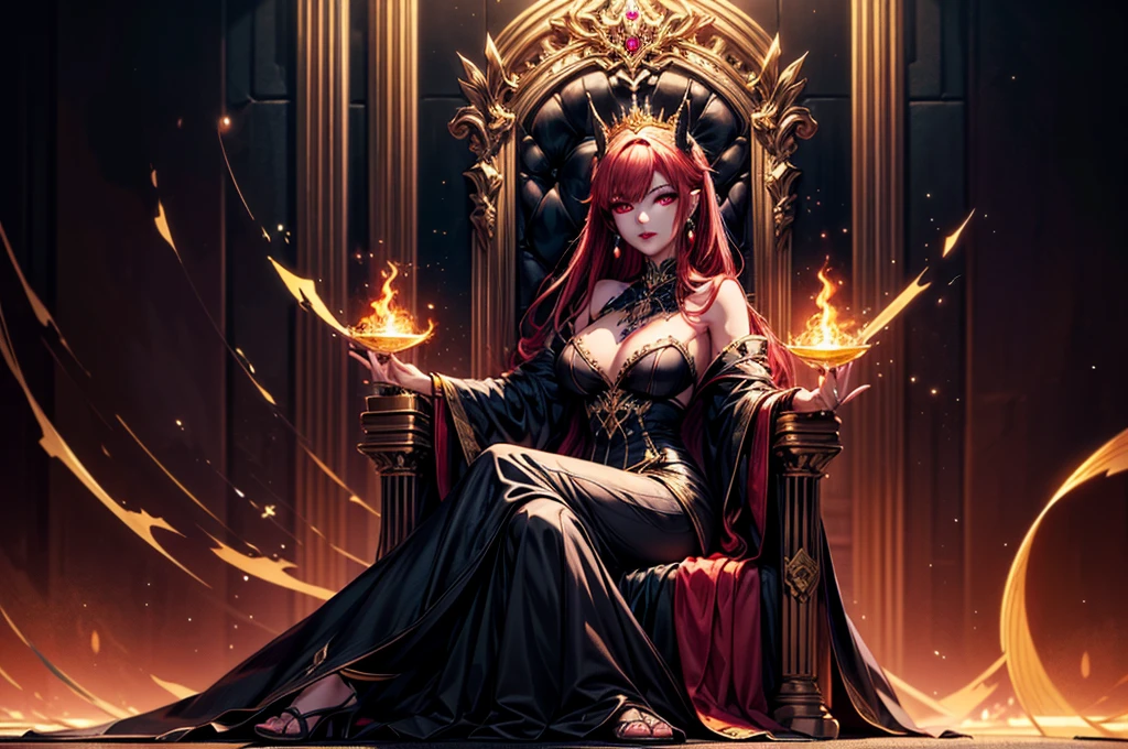 In the dark castle throne room on the huge royal throne in seductive pose siting beatiful demon queen, She have beautiful face with pink eyes rakr eye shadows and dark lipstick sexy make up, golden ring shape earrings on her ponty ears. she have long gorgeous bloody red hair.. dressed in majestic sexy black royal robe with golden metal parts, also she have tattoo all over her body her hands have lonf beautiful nails, (ultra high quality fantasy art, ghothic dark fantasy style, masterpiece, ultra high quality character design, 8k quality anime art, realistic anime art, top quality wallpaper illustration, detailed ultra high quality accurate face, high quality design and accurate physic)