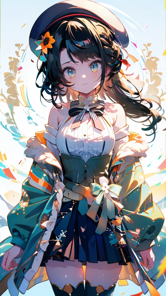 (Ultra-high resolution,masterpiece, Attention to detail, Highest quality), 8k,(aalamy, long hair, streaked hair, ahoge, braid, beret, white headwear, hair flower, blue bowtie, cleavage, clothing cutout, white shirt, off shoulder, sleeveless, black corset, blue coat, snowflake print, fur-trimmed coat, open clothes, white thighhighs, brown belt, blue skirt),(Blessed,Captivating body、Ultra-detailed skin、Super beautiful eyes、Detailed Background),One girl、 (enjoy :1.5),