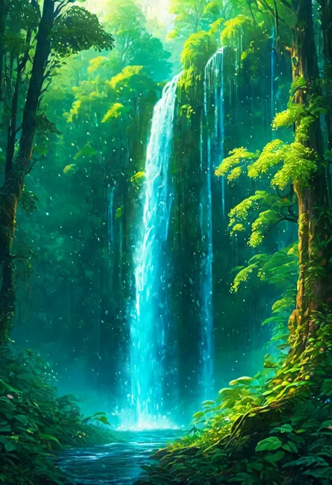 The waterfall pouring down in the forest is like a fairyland. A beautiful artistic illustration, Nature Original, Forest magic, ...