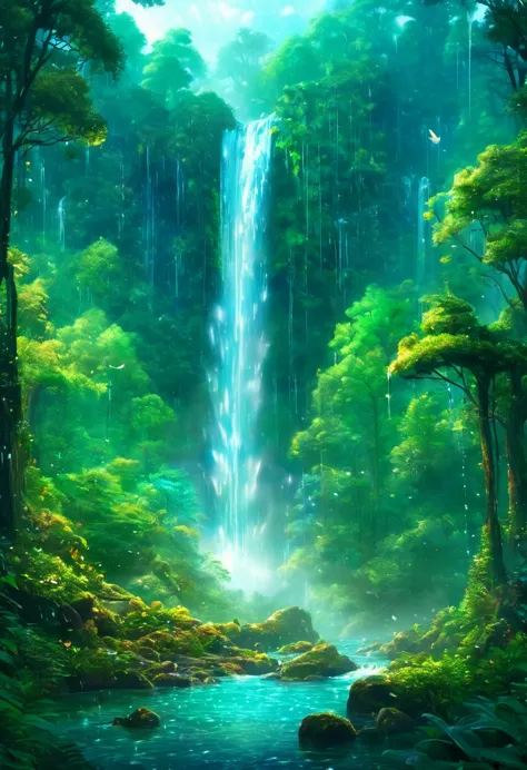 The waterfall pouring down in the forest is like a fairyland. A beautiful artistic illustration, Nature Original, Forest magic, ...