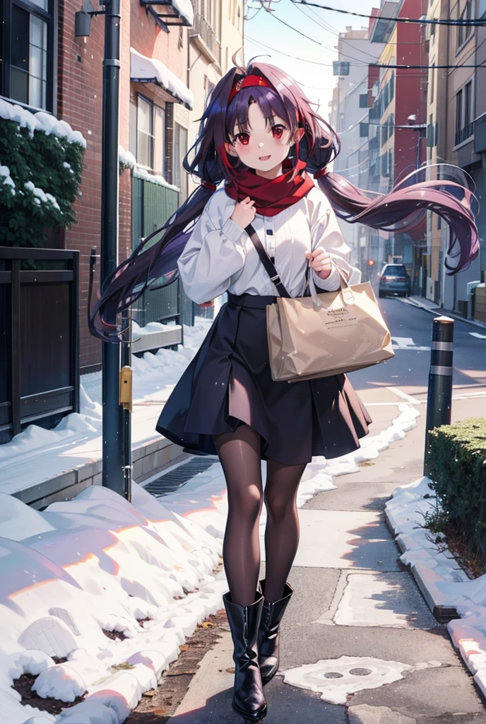 yuukikonno, Konno Yuuki, Long Hair, Pointed Ears, Purple Hair, (Red eyes:1.5), (Small breasts:1.2), Open your mouth,happy smile, smile, Open your mouth,hair band,low twin tail,Red Scarf,Oversized purple sweater,Black pantyhose,Long skirt,short boots,Holding a paper cup of coffee in both hands,Walking,snowが降っている,snowが降り積もっている,snow,snow,snow,snow,snowが積もった木,winter,Cold Sky,night,whole bodyがイラストに入るように,
break looking at viewer,  whole body,
break outdoors, Building district,
break (masterpiece:1.2), Highest quality, High resolution, unity 8k wallpaper, (figure:0.8), (Beautiful attention to detail:1.6), Highly detailed face, Perfect lighting, Highly detailed CG, (Perfect hands, Perfect Anatomy),