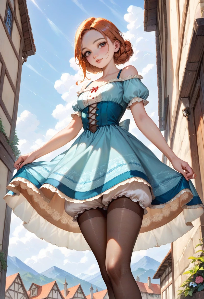 10 year old girl underwear, Realistic bloomers made from patterned cotton fabric, Medieval one-piece dress with panniers, Fabric Realism, Low - Angle, I see bloomers, Pull up the dress by hand, Strong winds, Translucent slip, Translucent slip, tights, Highest quality, Crotch close-up, whole body
