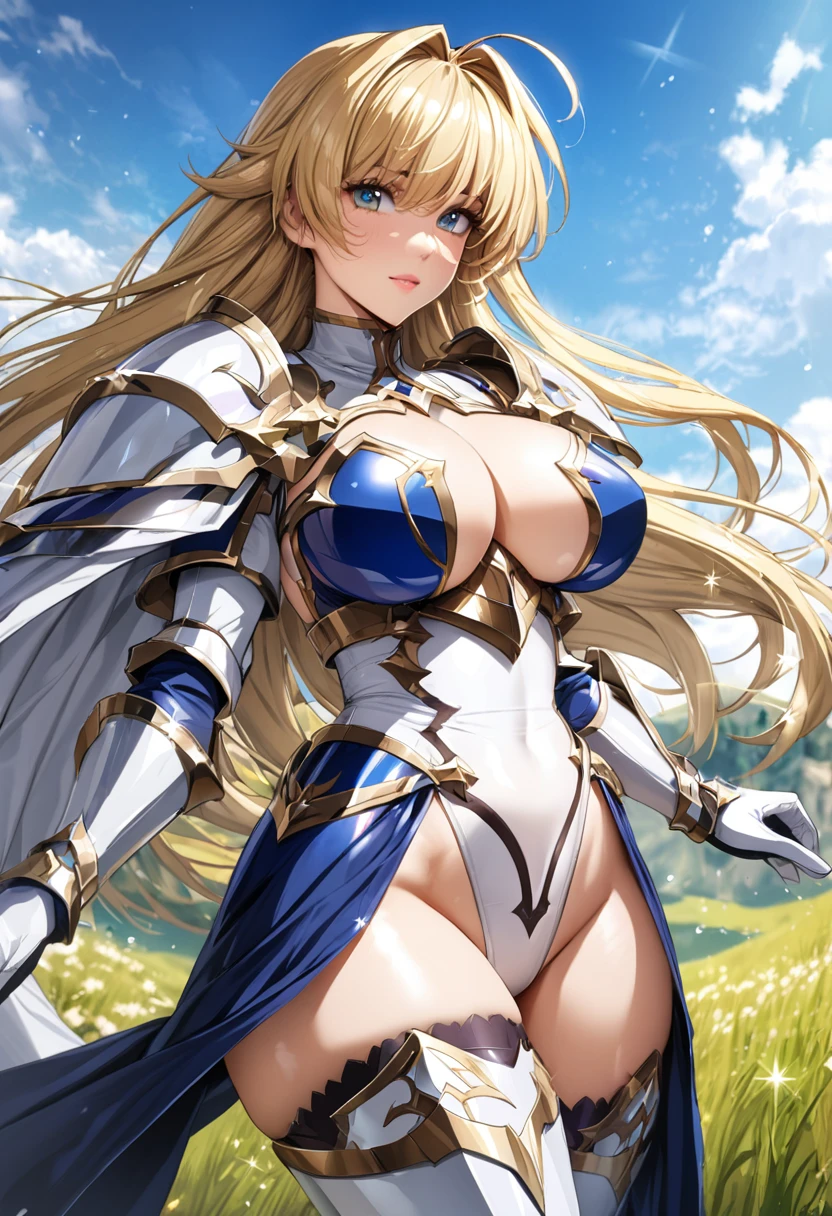 ((highest quality)), ((masterpiece)), ((hyperrealistic)), (detailed background), 1girl, ((curvy: 1.2)), Langrisser, ((Sparkling sequin lame leotard: 1.5)), ((catsuit)), ((white paladin armor)), ((long skirt)), ((armored dress)), cloak de cour, gauntlet, gloves, belt, Blonde hair, ahoge, (huge breasts), (see-through cleavage cutout), (zettai ryouiki armored thigh high boots), (thighs), beautiful eyes, perfect face, Perfect hands, perfect fingers, Blue sky and grassland,