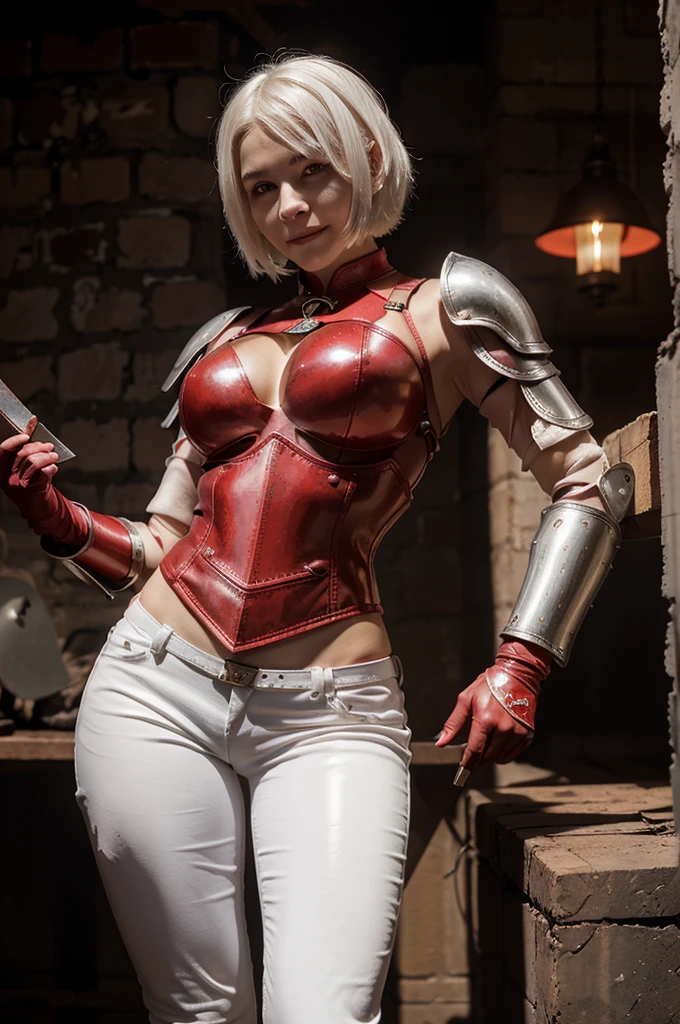 Russian goddess short white hair, tomboy cut, round face, thin nose, paper-clear skin, red leather pants, wearing a red blood armor chestpiece, red armor gloves, holding a butcher knife in one hand, eyes black as coal, macabre smile