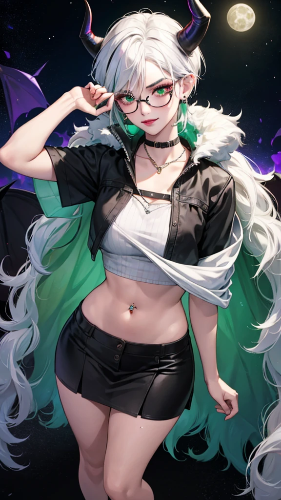 8k, masterpiece, best quality, highly detailed, 1 girl, tiefling, warlock, multicolored hair, very short straight hair green highlight hair on white hair, strippled hair, wearing glasses, round glasses, earrings, navel piercing, miniskirt, red eyeshadow, long eyelashes, blushed cheek, red lips, necklace, rings, collarbone, mole, glamorous, olive green clothing, smirk, fullbody view, rings, looking at viewer, demon horns, solo, nightmarish landscape, blue pale moon, standing, cosmic horror, decaying.