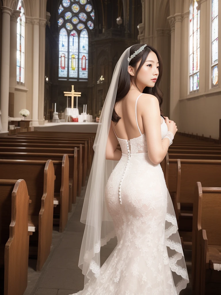 ((masterpiece))､((Highest Resolution))､((lonely japanese woman))､(Transparent white skin)､(((In the background is a large Roman church)))､(((Facing forward)))､With hands clasped together, looking up to the sky as if praying､((Depict the whole body))､High heels､Pink Wedding Dress､A dress with lots of lace､Expensive dresses､A dress with delicate embellishments､Straight long hair､Black Hair､Wearing white sheer lace wedding gloves､Narrow waist､Long lace stretches out at the back､round face､Very large breasts､Very big ass､