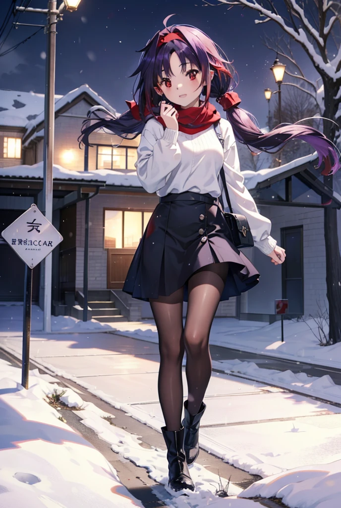 yuukikonno, Konno Yuuki, Long Hair, Pointed Ears, Purple Hair, (Red eyes:1.5), (Small breasts:1.2), Open your mouth,happy smile, smile, Open your mouth,hair band,low twin tail,Red Scarf,Oversized purple sweater,Black pantyhose,Long skirt,short boots,Holding a paper cup of coffee in both hands,Walking,snowが降っている,snowが降り積もっている,snow,snow,snow,snow,snowが積もった木,winter,Cold Sky,night,whole bodyがイラストに入るように,
break looking at viewer,  whole body,
break outdoors, Building district,
break (masterpiece:1.2), Highest quality, High resolution, unity 8k wallpaper, (figure:0.8), (Beautiful attention to detail:1.6), Highly detailed face, Perfect lighting, Highly detailed CG, (Perfect hands, Perfect Anatomy),