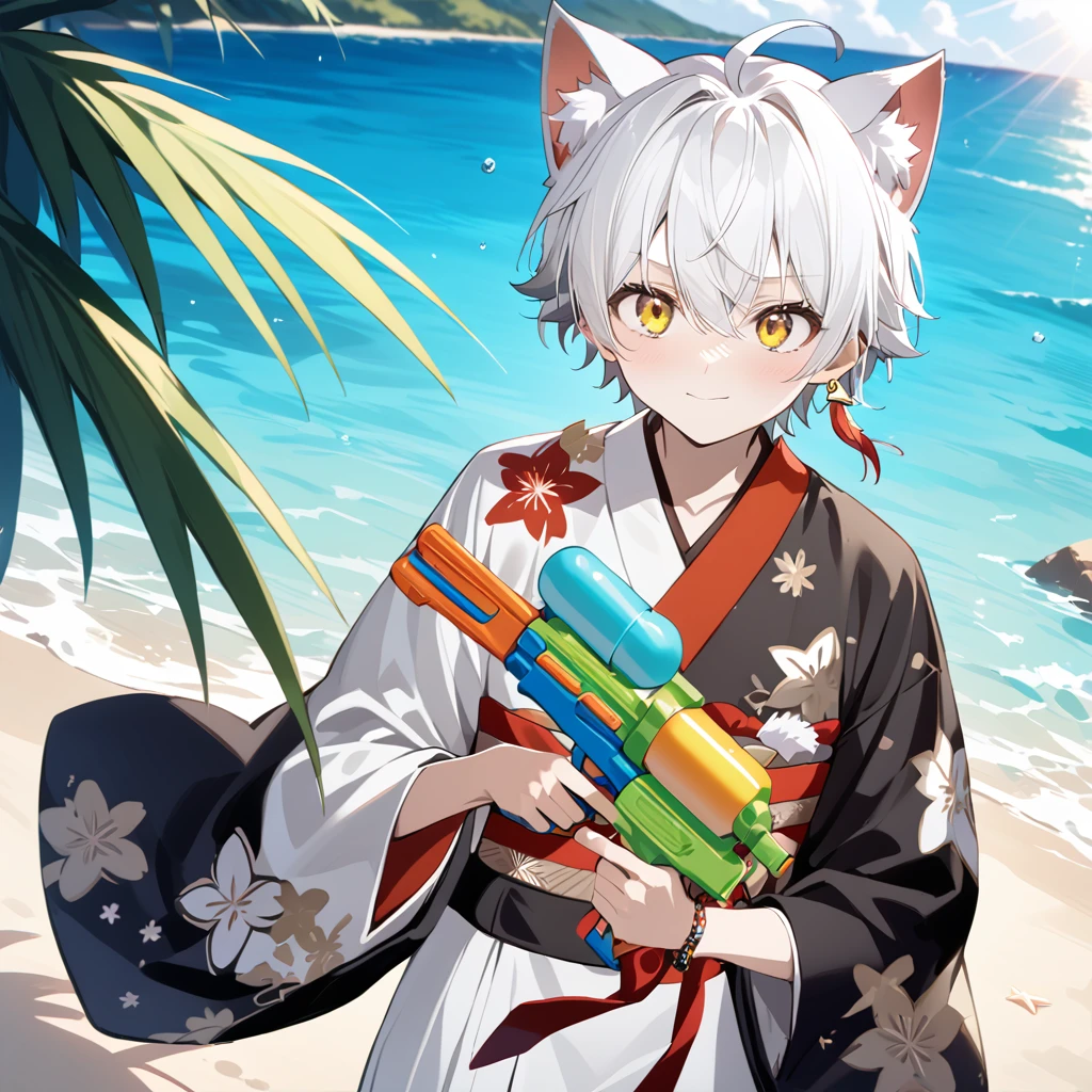 dynamic pose, ((cat_boy)),1boy,male focus,(white animal ears),white hair, short hair with single long lock,(split color kimono),(white kimono),(black kimono),(red lapel),ahoge,yellow eyes,dot nose,closed mouth, BREAKE outdoors, beach, ocean, marin, necklace, bracelet,happy, cute, sunlight,, close-up,BREAK holding supersoaker, holding [watergun:supersoaker:.25], super soaker, green and yellow watergun, aiming at you, waterstream, splash,white hakama skirt,red and white single earring,obi,red sash,beige bow,print kimono