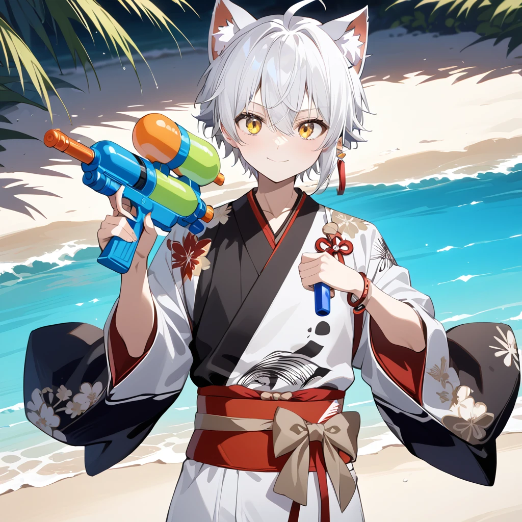 dynamic pose, ((cat_boy)),1boy,male focus,(white animal ears),white hair, short hair with single long lock,(split color kimono),(white kimono),(black kimono),(red lapel),ahoge,yellow eyes,dot nose,closed mouth, BREAKE outdoors, beach, ocean, marin, necklace, bracelet,happy, cute, sunlight,, close-up,BREAK holding supersoaker, holding [watergun:supersoaker:.25], super soaker, aiming at you, waterstream, splash,white hakama skirt,red and white single earring,obi,red sash,beige bow,print kimono