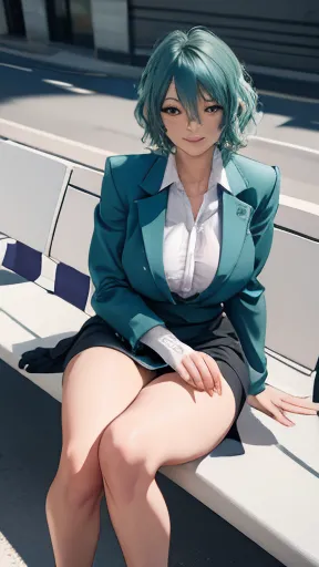 Big Breasts, smile, Lace panties, sexy thighs, Light blue panties, Green Hair, Wavy short hair, Purple blazer, Black tight skirt...