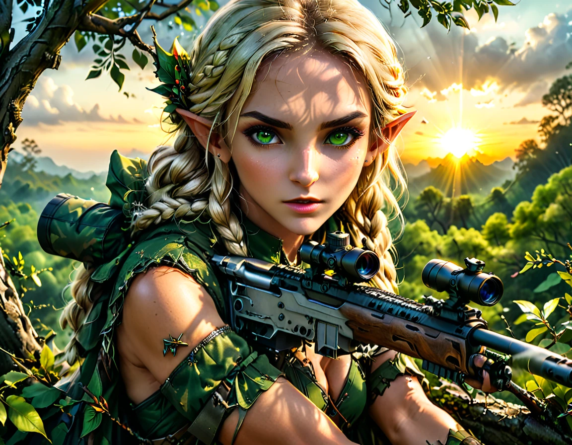 une photo de portrait d&#39;une seule tireuse d&#39;élite elfe, allongé sur une branche d&#39;arbre visant un fusil de sniper, un magnifique tireur d&#39;élite elfe exotique, cheveux blonds, cheveux tressés, yeux verts intenses, ultra détaillé face, petites oreilles pointues, tissus de camouflage forestier, au sommet d&#39;un arbre fantastique épique, viser un Barret M82, fond de forêt fantastique, son coucher de soleil, rayons de soleil, quelques nuages,  (Prise de vue complète du corps: 1.1) , vibrant, Ultra haute résolution, Contraste élevé, (chef-d&#39;œuvre:1.5), la plus haute qualité, Meilleure esthétique), meilleurs détails, Meilleure qualité, haute résolution, ultra grand angle, 16k, [ultra détaillé], chef-d&#39;œuvre, Meilleure qualité, (extrêmement détaillé) Fusil de sniper, regard intense
