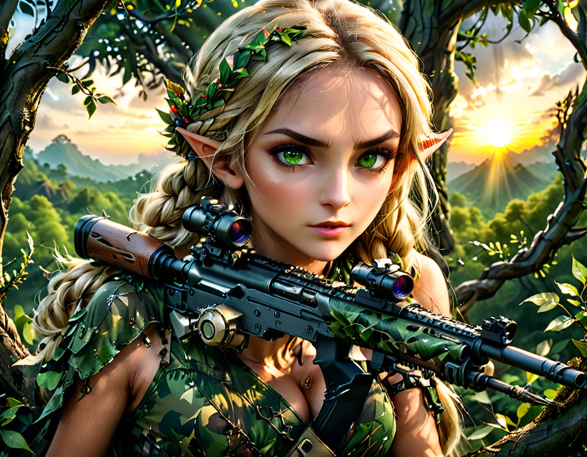 a portrait picture of a 1single female elf sniper, lying on a tree branch aiming a sniper rifle, an exotic beautiful elf sniper, blond hair, braided hair, intense green eyes, ultra detailed face, small pointed ears, forest camouflage cloths, on top of a epic fantasy tree, aiming a Barret M82, fantasy fores background, its sunset, sun rays, some clouds,  (full body shot: 1.1) , vibrant, Ultra-high resolution, High Contrast, (masterpiece:1.5), highest quality, Best aesthetics), best details, best quality, highres, ultra wide angle, 16k, [ultra detailed], masterpiece, best quality, (extremely detailed) Sniper Rifle, Intense gaze
