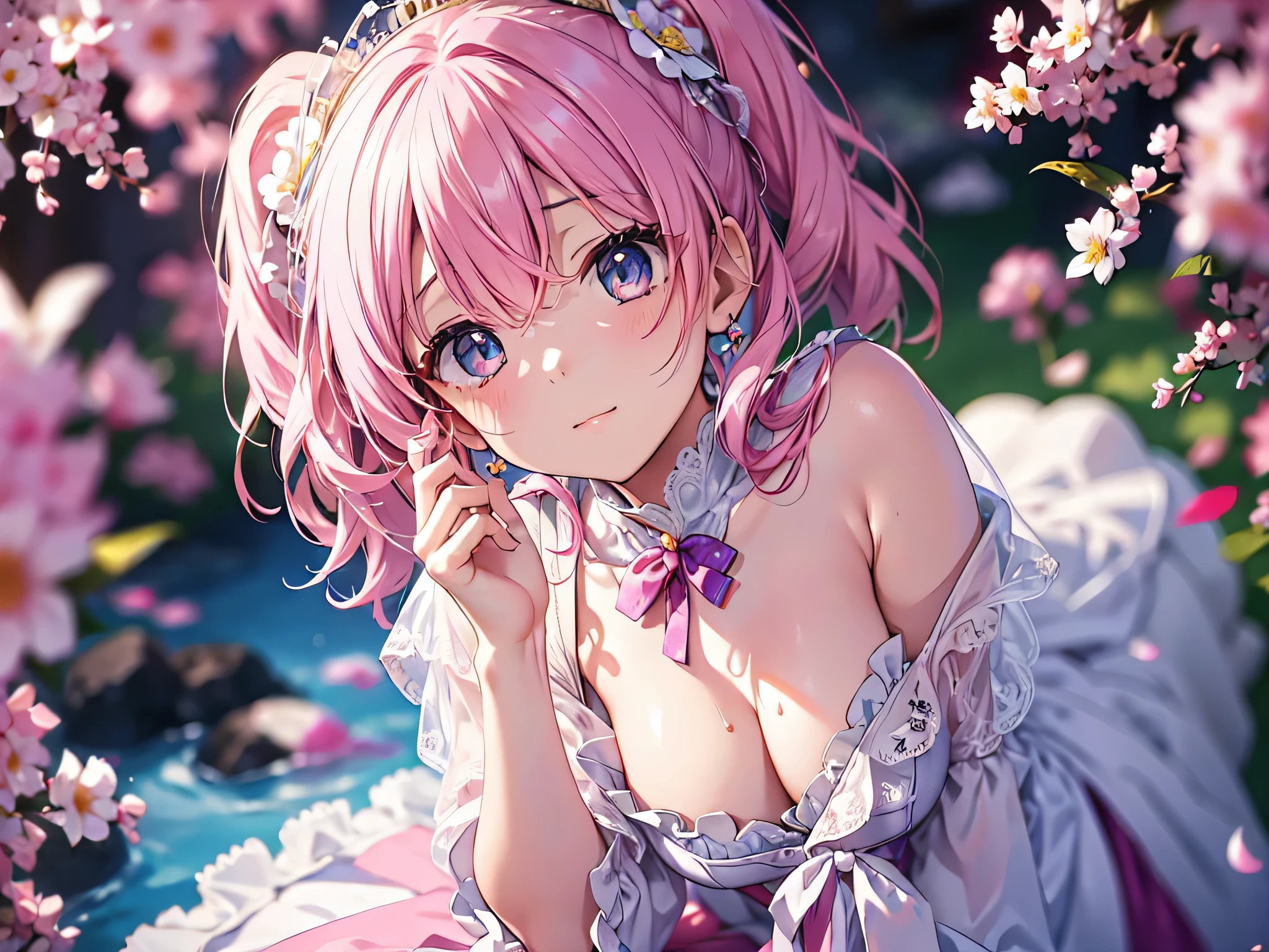 ((ultra detailed, exquisite quality, absolutely resolution)), (anime moe art style:1.3), (((young face solo princess))), ((incredibly cute rococo victorian gown with long hems, voluminous princess style skirt, elaborate lace gown:1.5)), (huge breasts), breasts cleavage, breasts focus, (hair pink hair:1.5), ((fluffy long Expressive ponytail)), ((leaning forward, looking up, from above, front view, facing at viewer:2)), kawaii face, head tilt, shy smile, put index finger on mouth, ((face focus, eyes focus, blurry background, depth of field:2)), (isometric 3D, octane render, ray tracing:1.5), cinematic shadows, backlighting, particle effect, caustics, super detailed skin, (hyper detail delicate eyes), (eyes blue eyes), (lot's of colorful flowers, sparkling glass classic greenhouse:1.5), (Cut off pink-hair),