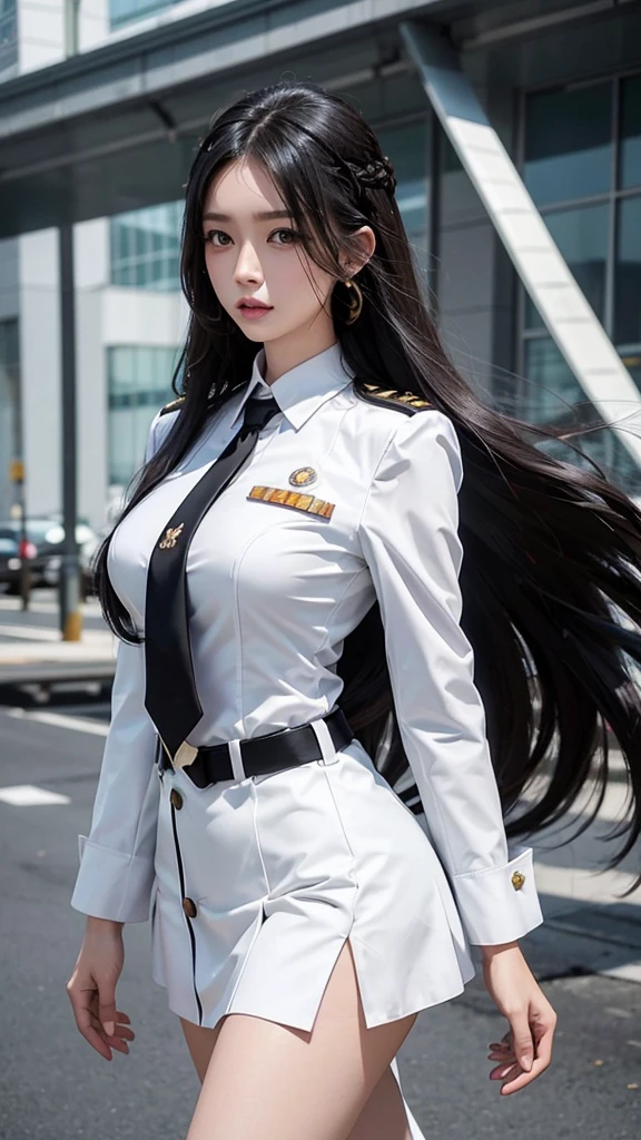 business woman, beautiful woman, Decorated with military insignia, Wear a suit and tie., Short skirt, businessuitwhite, กระโปรงดินสอสั้นwhite, businessuitรัดรูป, All white outfit, Emphasize the curves of the body, (สาวสวยTwo meter long hair, my hair is very long., extra long hair, long black hair), businessuit, (suitสไตล์อิตาลี, suitสองปุ่ม), (italian dress, white สูท, Set of two buttons), (wear women&#39;s clothes&#39;suit, women&#39;s business suit, white), (สูทผู้หญิงwhite), (เสื้อเชิ้ตwhite), necktie, (necktieสั้นสีดำ, necktieสีดำ, necktieผอม, ถักnecktie), (military rank insignia), (Short pencil skirtwhite), (Dynamic posts), full body, (A gigantic rift), (big breasts, Thin body, small waist, hips raised, small thighs, Long legs), high-heelsสีดำ, (Short pencil skirt, white), Wearing a suit for a business woman, (Wearing a white businesสูท, businessuitหญิงwhite), (tight, military regalia, เสื้อwhite, กระโปรงwhite), Long legs, (black shoes), (Two gold สูท buttons, Two meter long hair, suitเข้ารูป, เสื้อสูทwhiteทรงธรรมดารัดรูป), (black shoes, high-heels), (stand, walk, elegant posture, Dynamic posts), short dress, earring, garden, modeling, ภาพfull body, เหมือนfull body