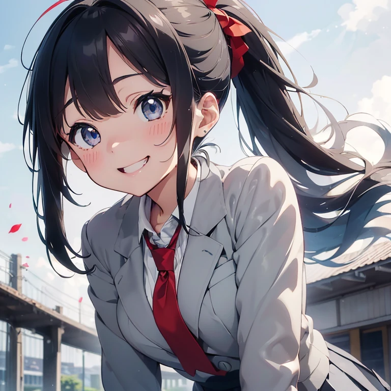 (Highest quality, 32k, High resolution, Masterpiece:1.5, ), One Girl, Cute anime-style illustrations, god々It has a brilliant and healing power., , Expressing emotions, Have a rich imagination, Cute Japanese Girls, Perfect Human Anatomy, Big light blue eyes, Motherhood and generosity, Deep Love, ((A gentle smile:1.6)), Shiny blue hair, Ponytail swaying in the wind, Asymmetrical bangs, Hair between the eyes, Transparent, soft white skin, Sharp eyebrows, Thin lashes, Natural Makeup, Cheek highlighter, Detailed and cute lips, (Grey blazer with red tie:1.2), ((Grey pleated skirt:1.2)), Slim figure with ample breasts, Beautifully detailed skies, ((Vibrant petal effect:1.2)), god秘的