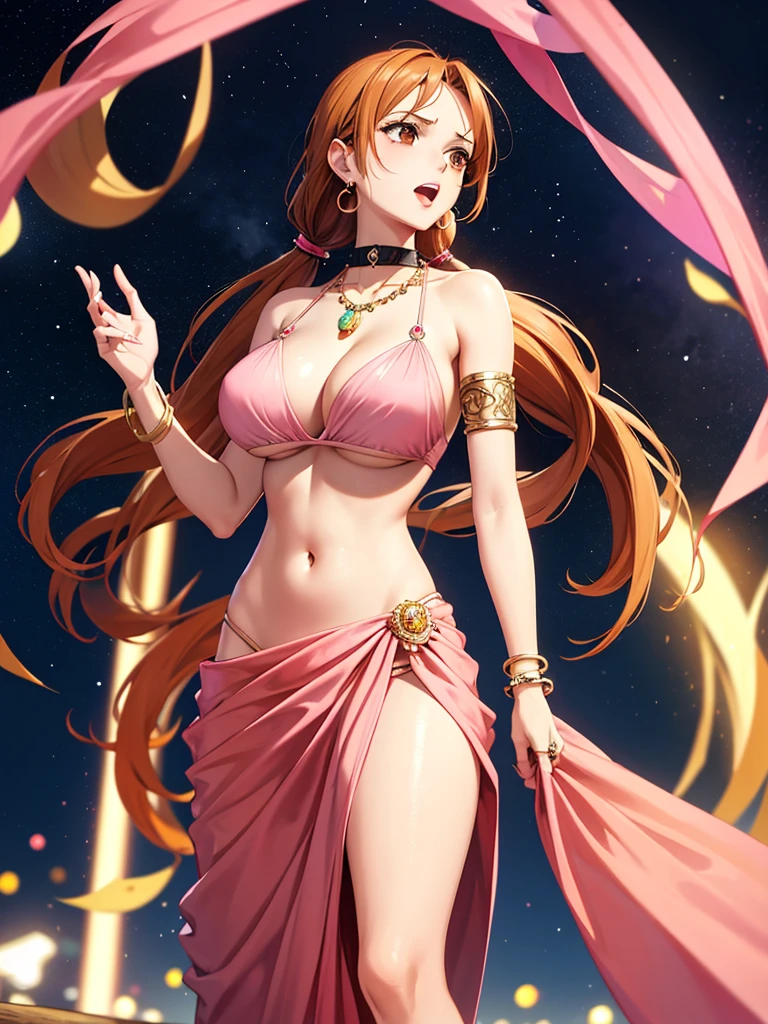 nami, long hair, twintails, (brown eyes:1.5), orange hair, (forehead:1.2),navel, cleavage, collarbone, earrings,choker, gloves, jewelry, earrings, midriff, white gloves, sideboob, tattoo, underboob,(absurderes, A high resolution, Ultra detailed, hdr), Masterpiece, Best quality, Indian  , extreme realistic very beautiful, animated style, full body shot, anime in a(((pink))) indian dress transparent (((saree))), head jewellery, necklace, earings, armlets, bangles and bracelets, rings, pleasant expression, natural beauty,night sky, vintage aesthetic,big breast,navel, cleavage ,standing ,open mouth,saliva,tongue out,face on front,drools,red lip,huge breast