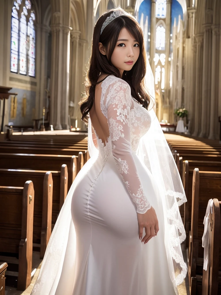 ((masterpiece))､((Highest Resolution))､((lonely japanese woman))､(Transparent white skin)､(((In the background is a large Roman church)))､(((Facing forward)))､With hands clasped together, looking up to the sky as if praying､((Depict the whole body))､High heels､Pink Wedding Dress､A dress with lots of lace､Expensive dresses､A dress with delicate embellishments､Straight long hair､Black Hair､Wearing white sheer lace wedding gloves､Narrow waist､Long lace stretches out at the back､round face､Very large breasts､Very big ass､