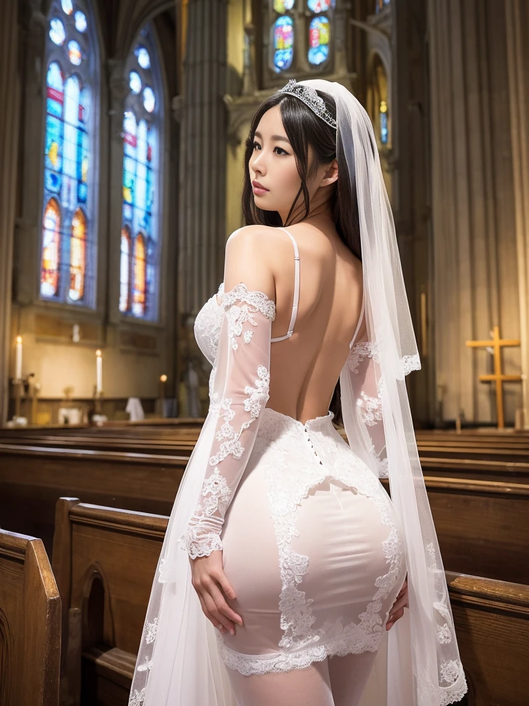 ((masterpiece))､((Highest Resolution))､((lonely japanese woman))､(Transparent white skin)､(((In the background is a large Roman church)))､(((Facing forward)))､With hands clasped together, looking up to the sky as if praying､((Depict the whole body))､High heels､Pink Wedding Dress､A dress with lots of lace､Expensive dresses､A dress with delicate embellishments､Straight long hair､Black Hair､Wearing white sheer lace wedding gloves､Narrow waist､Long lace stretches out at the back､round face､Very large breasts､Very big ass､