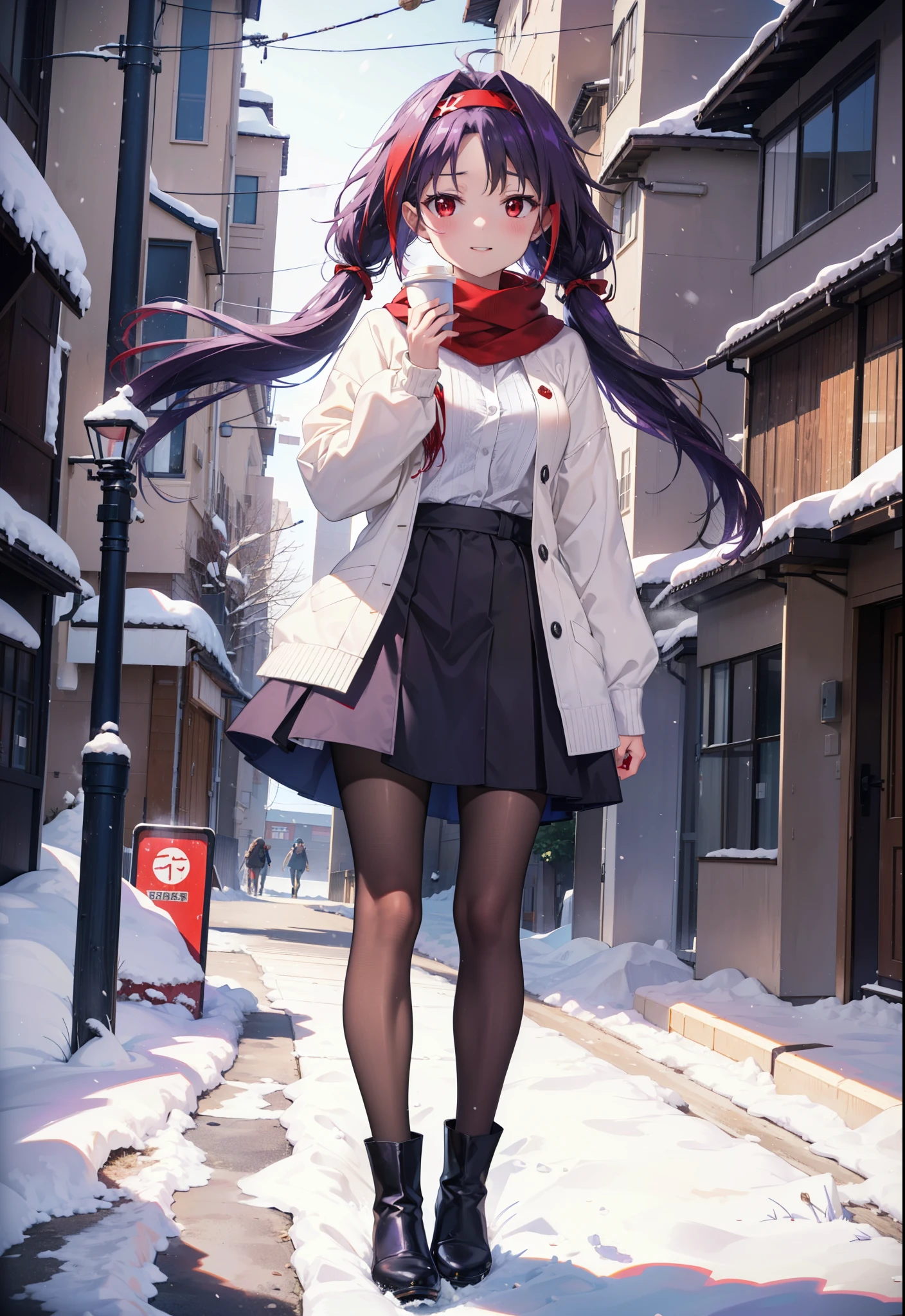 yuukikonno, Konno Yuuki, Long Hair, Pointed Ears, Purple Hair, (Red eyes:1.5), (Small breasts:1.2), Open your mouth,happy smile, smile, Open your mouth,hair band,low twin tail,Red Scarf,Oversized purple sweater,Black pantyhose,Long skirt,short boots,Holding a paper cup of coffee in both hands,Walking,snowが降っている,snowが降り積もっている,snow,snow,snow,snow,snowが積もった木,winter,Cold Sky,night,whole bodyがイラストに入るように,
break looking at viewer,  whole body,
break outdoors, Building district,
break (masterpiece:1.2), Highest quality, High resolution, unity 8k wallpaper, (figure:0.8), (Beautiful attention to detail:1.6), Highly detailed face, Perfect lighting, Highly detailed CG, (Perfect hands, Perfect Anatomy),