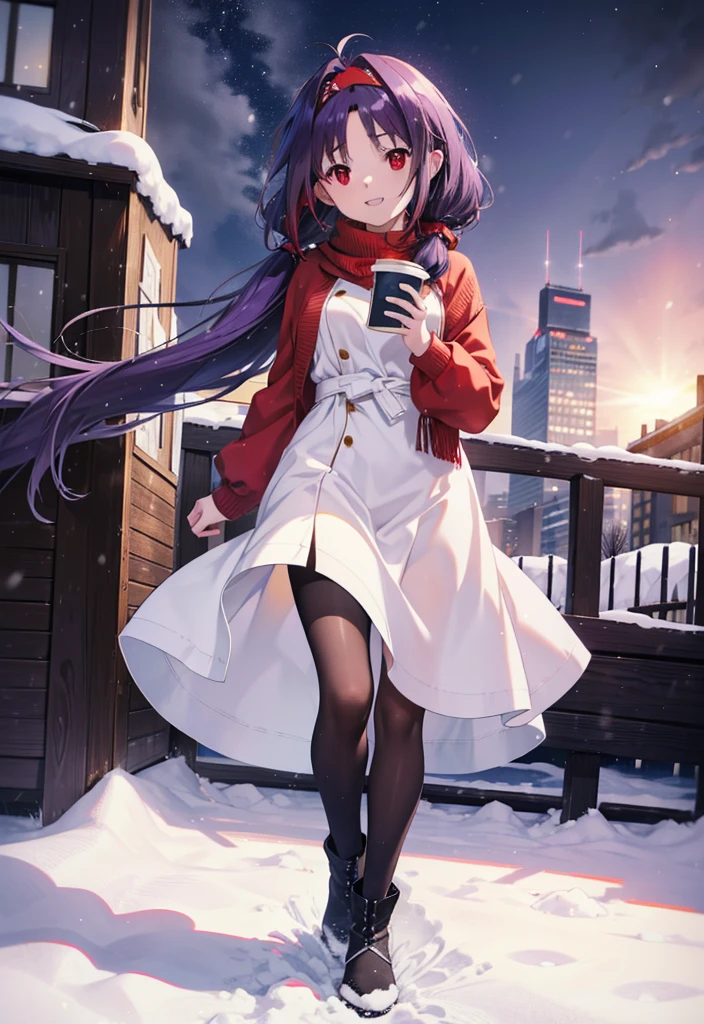 yuukikonno, Konno Yuuki, Long Hair, Pointed Ears, Purple Hair, (Red eyes:1.5), (Small breasts:1.2), Open your mouth,happy smile, smile, Open your mouth,hair band,low twin tail,Red Scarf,Oversized purple sweater,Black pantyhose,Long skirt,short boots,Holding a paper cup of coffee in both hands,Walking,snowが降っている,snowが降り積もっている,snow,snow,snow,snow,snowが積もった木,winter,Cold Sky,night,whole bodyがイラストに入るように,
break looking at viewer,  whole body,
break outdoors, Building district,
break (masterpiece:1.2), Highest quality, High resolution, unity 8k wallpaper, (figure:0.8), (Beautiful attention to detail:1.6), Highly detailed face, Perfect lighting, Highly detailed CG, (Perfect hands, Perfect Anatomy),