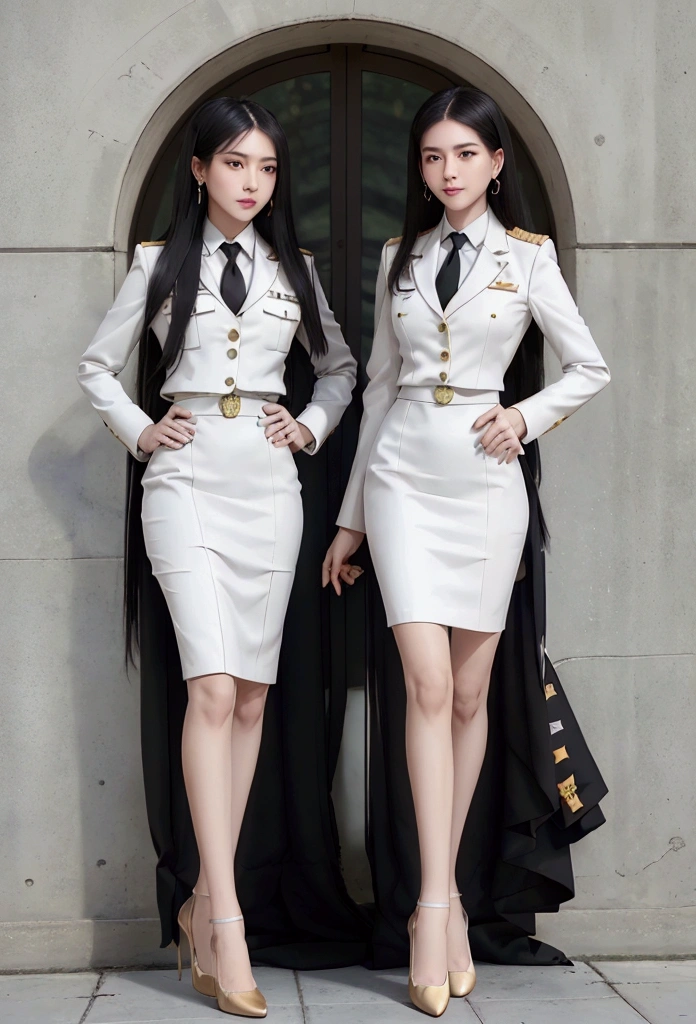 business woman, beautiful woman, Decorated with military insignia, Wear a suit and tie., Short skirt, businessuitwhite, กระโปรงดินสอสั้นwhite, businessuitรัดรูป, All white outfit, Emphasize the curves of the body, (สาวสวยTwo meter long hair, my hair is very long., extra long hair, long black hair), businessuit, (suitสไตล์อิตาลี, suitสองปุ่ม), (italian dress, white สูท, Set of two buttons), (wear women&#39;s clothes&#39;suit, women&#39;s business suit, white), (สูทผู้หญิงwhite), (เสื้อเชิ้ตwhite), necktie, (necktieสั้นสีดำ, necktieสีดำ, necktieผอม, ถักnecktie), (military rank insignia), (Short pencil skirtwhite), (Dynamic posts), full body, (A gigantic rift), (big breasts, Thin body, small waist, hips raised, small thighs, Long legs), high-heelsสีดำ, (Short pencil skirt, white), Wearing a suit for a business woman, (Wearing a white businesสูท, businessuitหญิงwhite), (tight, military regalia, เสื้อwhite, กระโปรงwhite), Long legs, (black shoes), (Two gold สูท buttons, Two meter long hair, suitเข้ารูป, เสื้อสูทwhiteทรงธรรมดารัดรูป), (black shoes, high-heels), (stand, walk, elegant posture, Dynamic posts), short dress, earring, garden, modeling, ภาพfull body, เหมือนfull body