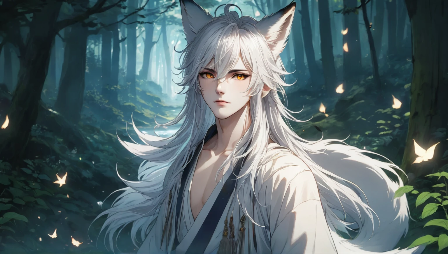 (masterpiece, 8k, Absurd, Digital Art, Digital Illustration, Realistic, Very detailed, Realistic lighting), (Perfect Face, Perfect Eyes, Perfect body), male,1 person, Adult,male的な,anime boy, of long white hair and horns in a forest, 白毛のFox, White Fox Anime, Ye Chong Silver Fox, Jan J, 吸血鬼の白いFox, Fox, White-haired God, by Shimo, Inspired by Bian Shoumin, of long white hair, Beautiful fantasy anime, Anime Art Wallpapers 8K