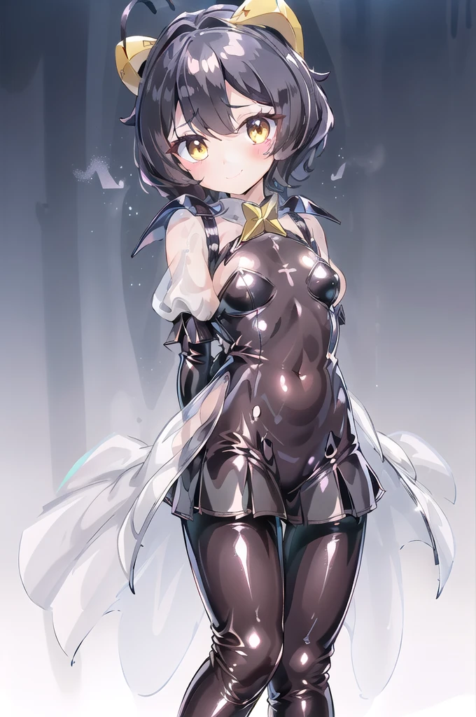 1girl,solo,cowboy shot,standing,(black hair:1.6),short hair,ahoge,antenna hair, bangs,hair between eyes,(yellow eyes:1.2),symbol-shaped pupils,star-shaped pupils,(beautiful fingers:1.4),(perfect anatomy:1.4),(arms_behind_back:1.6),(cold_shoulder:1.2),(red_china_clothes:1.6),(leather lace glossy silk lamé:1.4),(latex luster shiny glossy:1.6),(shiny_clothes:1.6),masterpiece,best quality,(Ultra high definition eyes:1.2),8k,(Beautiful detailed eyes:1.2),(Fine and beautiful eyes:1.2),(pretty eyes:1.2),finely detail,extremely CG, absurdres,high resolution,illustration,Detailed and beautiful outlines,finely detail,high resolution,(colorful refraction:1.4,Increase saturation:1.2),beautiful lighting,dynamic lighting,closed room,black background,simple background, smile,blush,looking at viewer,utena_wz, short hair, purple hair, ahoge, brown eyes,hair between eyes, , skirt, serafuku, ahoge, green skirt, pleated skirt, long skirt, sailor collar, yellow neckerchief, long sleeves, bangs, white shirt,(white Clear PVC sheets sleeves:1.4),(sheer sleeves:1.4),(see-through sleeves:1.4),(wide sleeves:1.2),(red thigh boots:1.4)