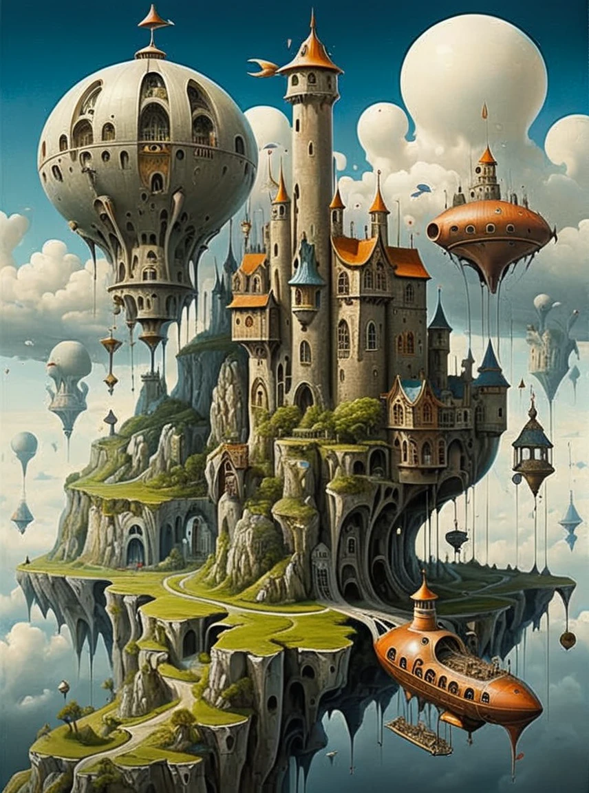 Fantastic surrealist landscape with a castle on a cliff and a giant airship floating in the sky、Castle Land 、Detailed、