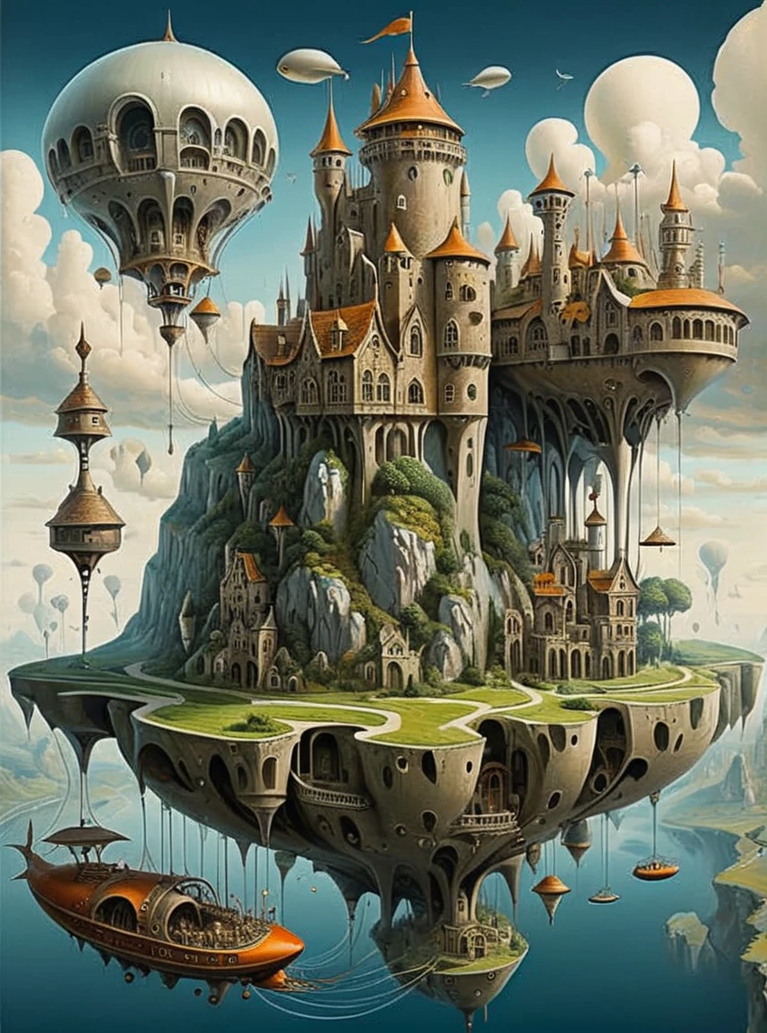 Fantastic surrealist landscape with a castle on a cliff and a giant airship floating in the sky、Castle Land 、Detailed、