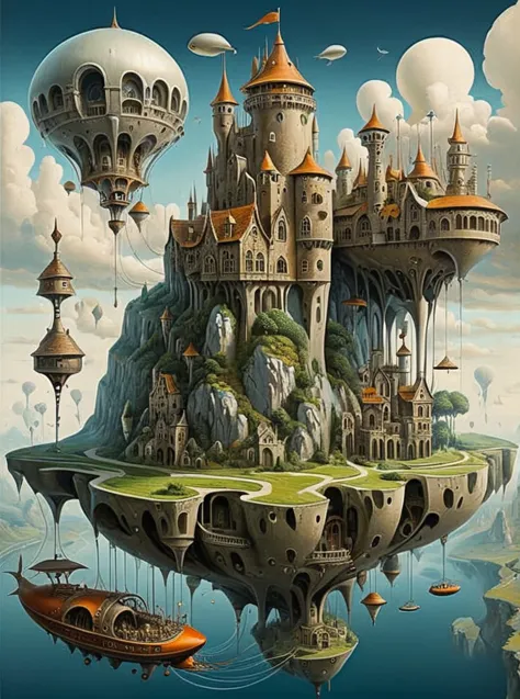 fantastic surrealist landscape with a castle on a cliff and a giant airship floating in the sky、castle land 、detailed、