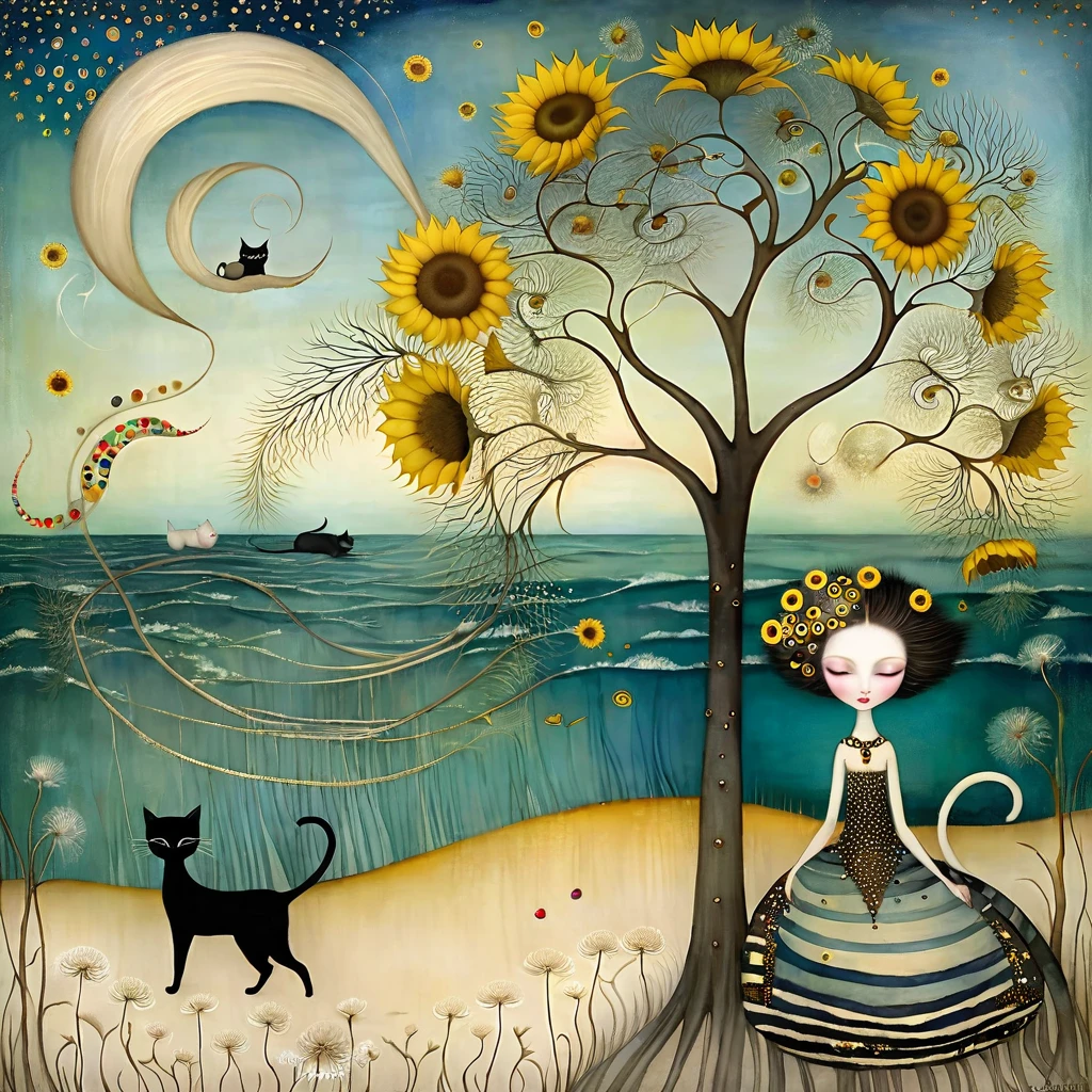 Klimt-inspired style, Nicoletta Ceccoli, Catrin Welz-Stein, Lawrence Didier, e Leonora Carrington. In the seascape of a beach, with dunes, gram, a large tree with many large branches moving in all directions. On the branches are cats, with long necks and tails and many colors, sleeping. sunflower and dandelion flowers.