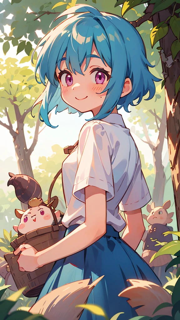 16-year-old girl、Light blue hair、Pink Eyes、smile、blush、Small breasts、From the back、white blouse shirt、Checked skirt、Under the bright light of the sunlight filtering through the trees、Acorns、Sharp contours、Tomboy、boyish、First class work