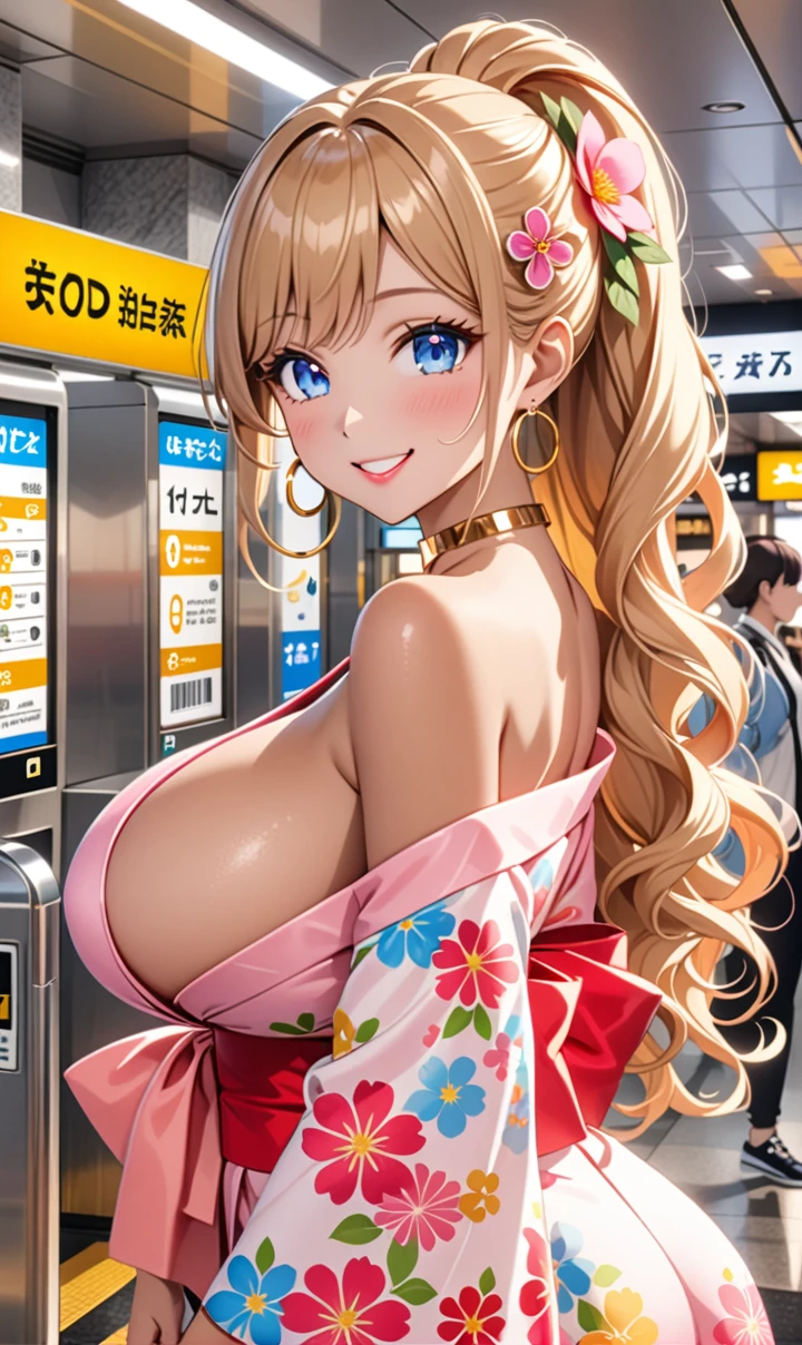 ultra-detailed, ((one girl)), (tan skin:1.4), in pastel colors gyaru, (heavy makeup), (professional lighting) hyper detailed, absurdres, 8k, Beautiful Face, (Laugh shyly), ((teasing smile:1.6)), ((happy smile:1.5)),  ((Wink:1.)), (Laugh with your mouth wide open),((Tilt your face:1.6)), View your viewers, ((Bright red cheeks:1.6)),Glossy shocking pink lips, ((huge breasts:1.6)),  ((undressing)), noon, summer, Station ticket gates, Anime style background)),masterpiece, Highest quality, (Brighten your face), so beautiful,Latest, Complex details, ((fluorescent pink long nail:1.3)), (ring),(bracelet), (Floral Choker),AI-generated, Complex,High resolution, Highest quality, super high quality,3D Images、3D Images,One person, ((honey blond long hair), (High Ponytail), (wavy hair:1.4), Anime woman posing for a photo, ((Fine grain、blue eyes、glowing eyes:1.4)), (Squint your eyes:1.1),a hyperRealistic , hyperRealistic , Realistic,Anime woman with long honey blonde hair, Smooth anime CG art, A girl in a gorgeous pastel-colored kimono, ((Pastel-colored furisode)),(Pink large floral pattern), (sideboob),  Long flower hair ornament,large gold hoop earrings, Mature Body, tall,Narrow waist, from behind, (upper body),  ((Reaching out to your audience)),