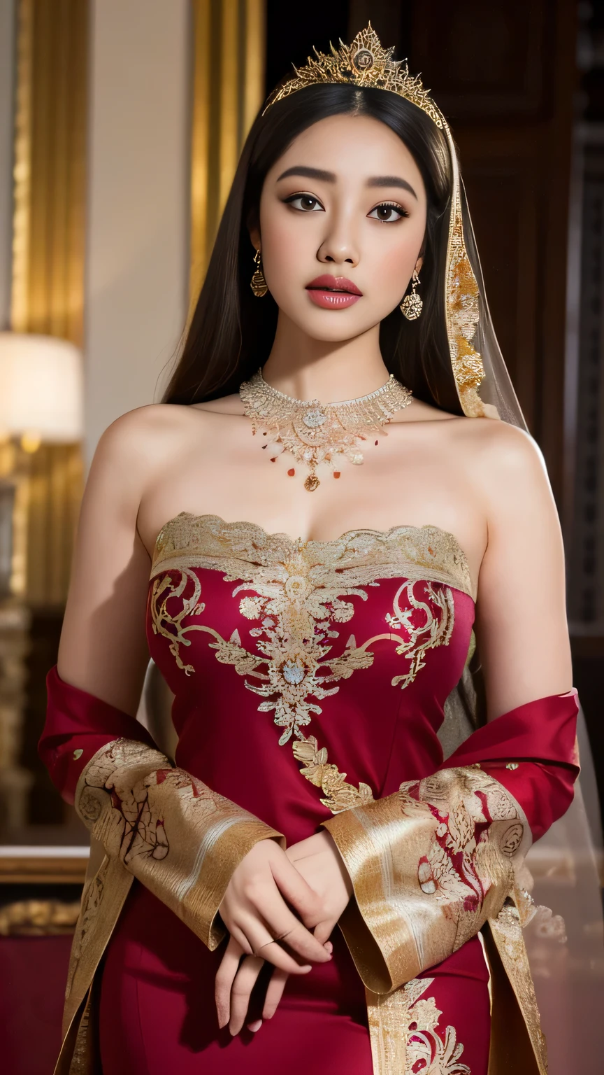 (best quality,4k,highres,masterpiece:1.2),ultra-detailed,realistic:1.37,beautiful and regal Javanese queen with hijab,dark and luxurious palace backdrop,beautiful detailed eyes and face,long eyelashes,voluptuous and curvy figure,exquisite jewelry and accessories,ornate and intricate patterned textiles,dazzling crown and royal attire,golden light illuminating the scene,vibrant and vivid color palette,soft and ethereal lighting,confident and alluring expression,graceful and elegant pose,serene and majestic atmosphere,rich cultural elements and symbols,meticulously captured body contours,subtle and tasteful sensuality,endless attention to every detail,romantic and dreamlike ambiance,artistic interpretation of beauty,stylish and sophisticated composition.