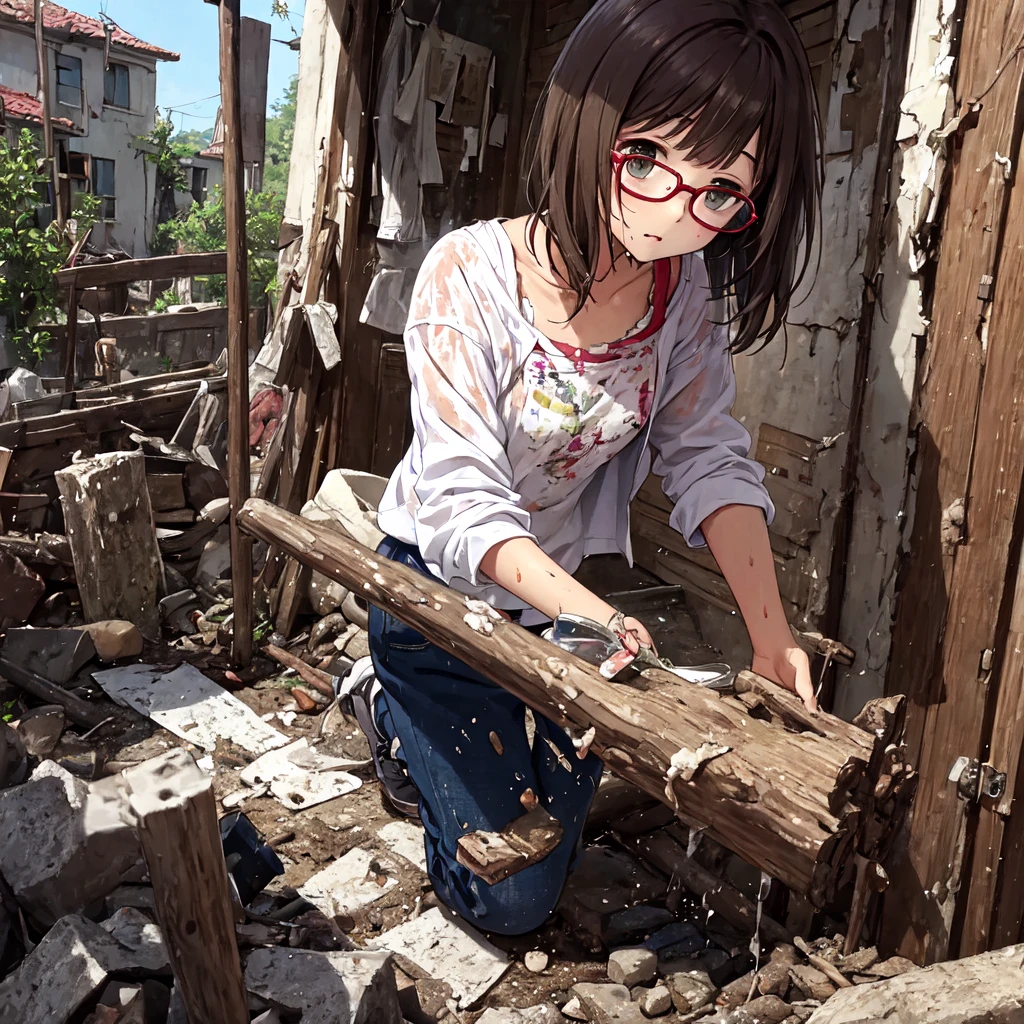 Surprise expression、soaked、Glasses、NFSW、Dark abandoned house、Tattered clothes、Torn and muddy、傾いたGlasses、Exploring
