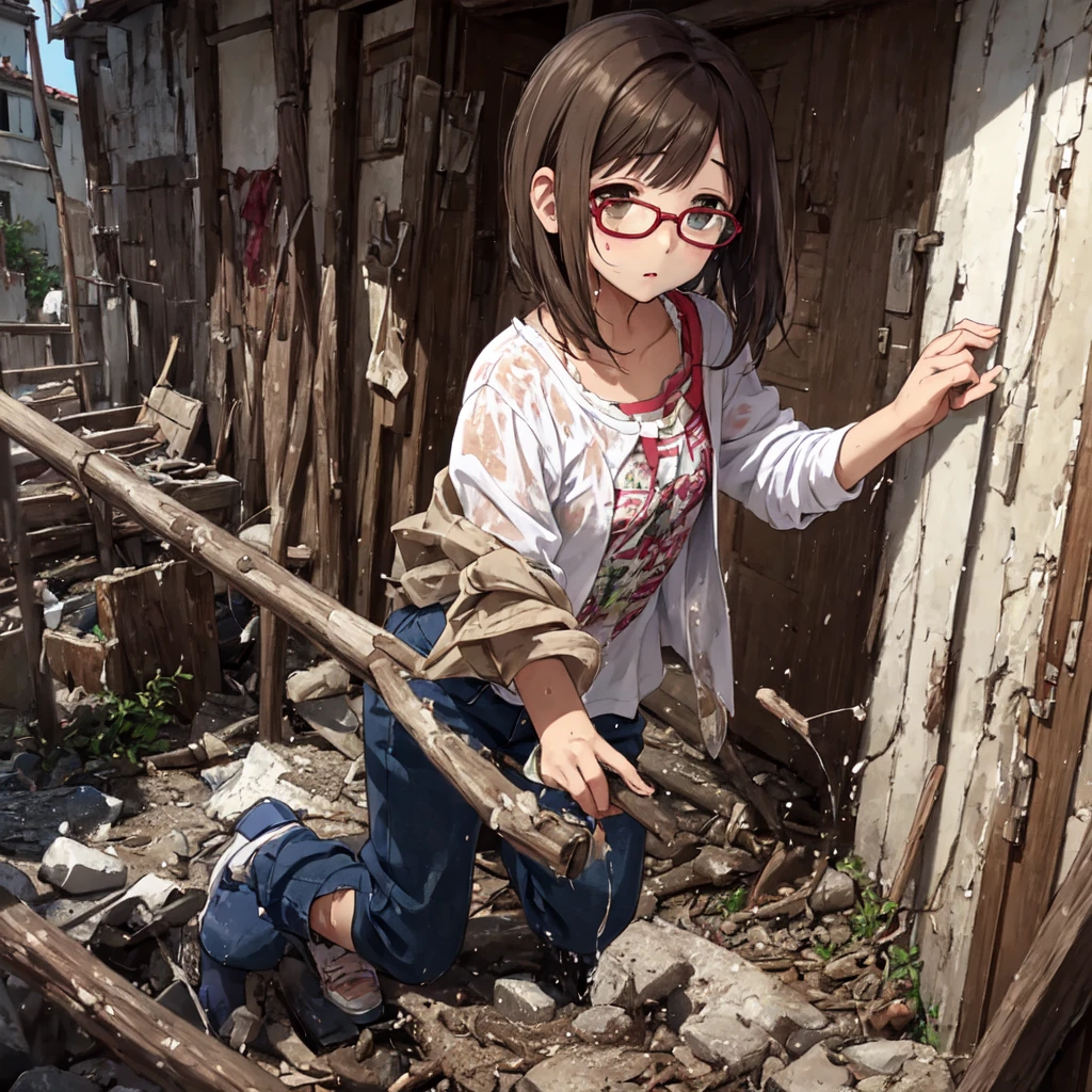 Surprise expression、soaked、Glasses、NFSW、Dark abandoned house、Tattered clothes、Torn and muddy、傾いたGlasses、Exploring
