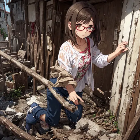 surprise expression、soaked、glasses、nfsw、dark abandoned house、tattered clothes、torn and muddy、傾いたglasses、exploring