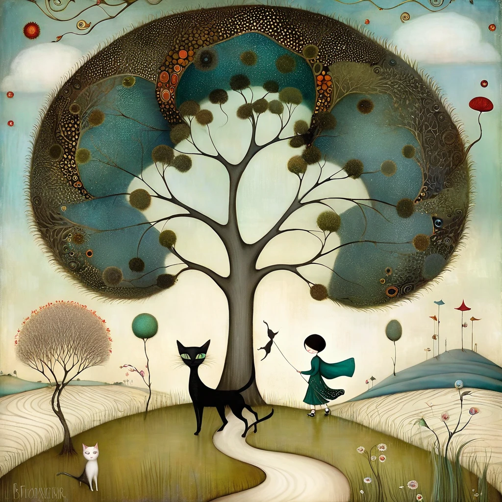 Klimt-inspired style, Nicoletta Ceccoli, Catrin Welz-Stein, Lawrence Didier, e Leonora Carrington. In the plain landscape in spring, with dunes, gram, a large tree with many large branches moving in all directions. Boy playing with a dog and a cat