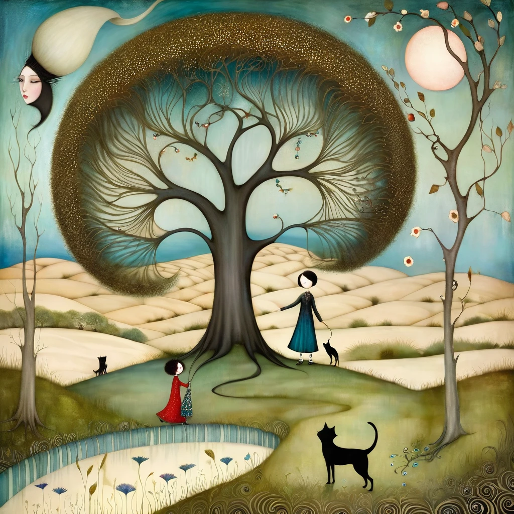 Klimt-inspired style, Nicoletta Ceccoli, Catrin Welz-Stein, Lawrence Didier, e Leonora Carrington. In the plain landscape in spring, with dunes, gram, a large tree with many large branches moving in all directions. Boy playing with a dog and a cat