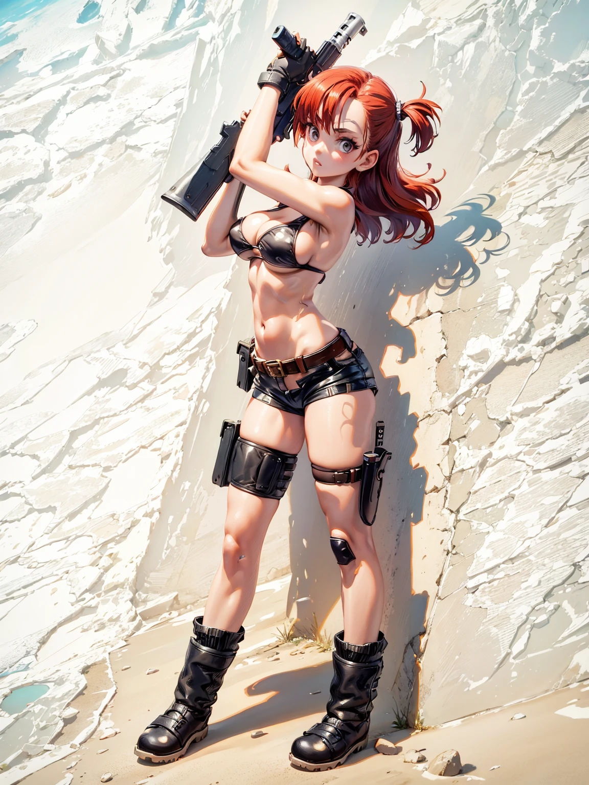 1girl, solo, gun, weapon, Leather Shorts, swimsuit, bulma, holster, boots, bikini, red hair, gloves, breasts, one side up, bikini top only, thigh holster, shorts, short shorts, cleavage, navel, medium breasts, handgun, full body, long hair, midriff, belt, thigh strap