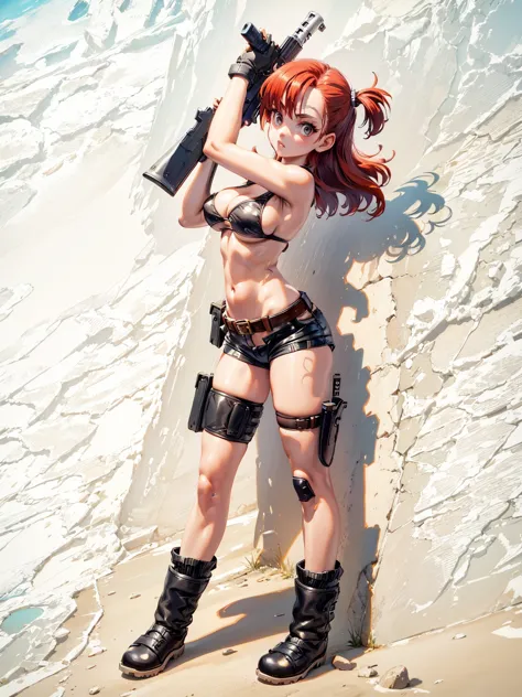 1girl, solo, gun, weapon, leather shorts, swimsuit, bulma, holster, boots, bikini, red hair, gloves, breasts, one side up, bikin...