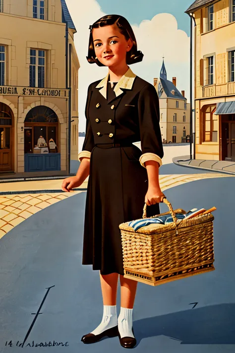 saint-malo, 1942. flat-lay. a young ((((14-year-old)) marie-laure leblanc)), freckles, with a basket full of bread, ((((clothing...