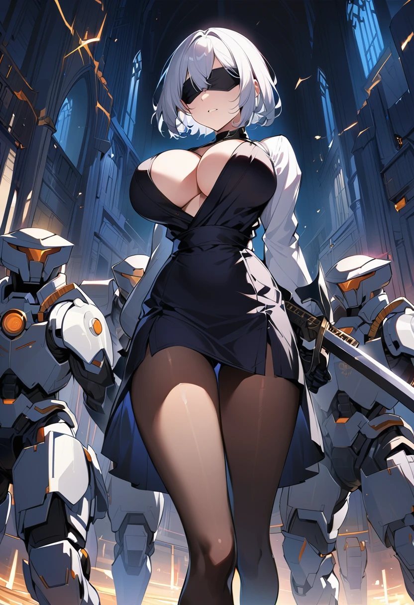 2B Nier Automata,masterpiece, 最high quality, High resolution,  Black clothes 、Black Pantyhose、Dark church at night、Wear a miniskirt、Thin legs、Big Breasts、Slim figure、high quality　CG Tone、Gray Hair、Black blindfold、Short Bob、Surrounded by mechanical soldiers、Cut the mechanical soldier、stylish、Japanese sword、Clothes get torn