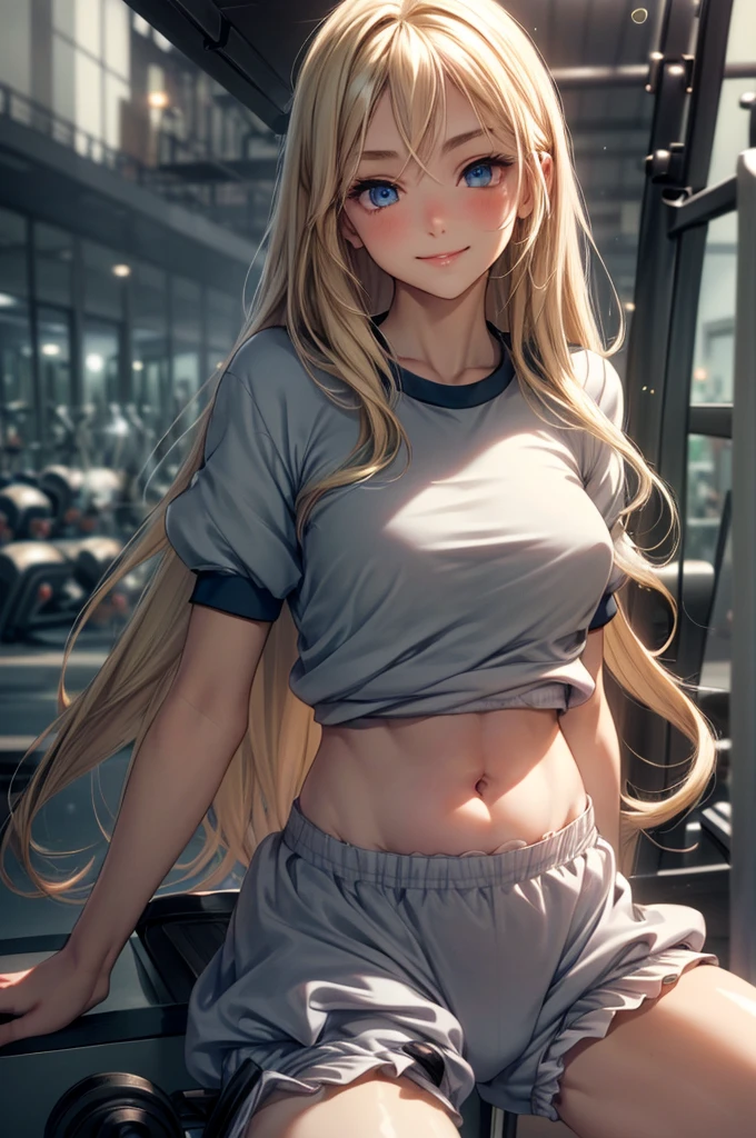 beautiful girl, Shiny golden hair, Gorgeous Long Hair, (Beautiful blue eyes、Sparkling eyes, fine grain)、smile、Very fine eye、Highly detailed face, Highly detailed eyes, (masterpiece:1.2, Highest quality), Beautiful illustrations, Browsing Caution, View your audience, 1 girl, high school girl, Perfect Face, Cute and symmetrical face, Glowing Skin, , Big eyes, Long eyelashes, (Mid-chest, Captivating thighs), thin, Beautiful detailed hair, Beautifully detailed face, Beautiful attention to detail, Beautiful clavicle, Beautiful body, Beautiful breasts, Beautiful thighs, Beautiful legs, Beautiful fingers, (Gym clothes with short sleeves, belly button、Bloomers:1.5), (Beautiful views), evening, (Outdoor, Schoolyard), Are standing, Arms crossed, (かわいらしいsmile, Upward glance, Lips parted),