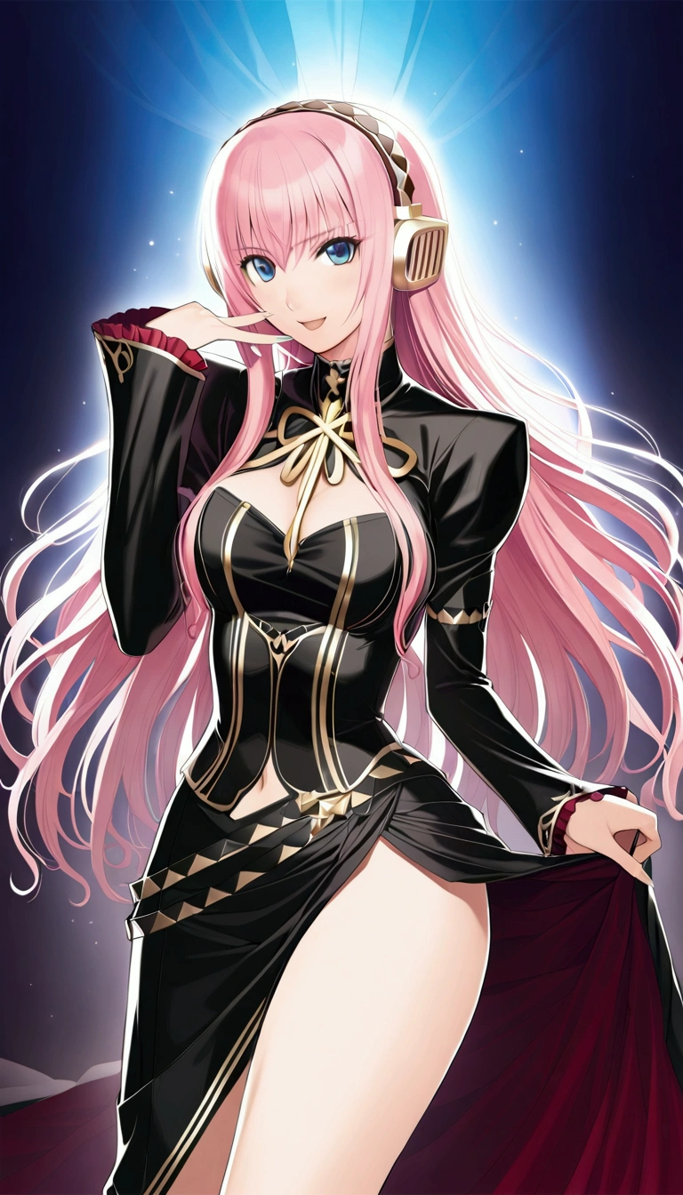 masterpiece,Detailed and beautiful depiction 1.1,Official Art,Beautiful adult woman ,Megurine Luka,Megurine Lukaの公式衣装,headphone,Black costume with gold decoration,Pink long hair,blue eyes,smile,Open your mouth,Mr.々A seductive pose,She lifts her black skirt to reveal her black shorts,Bedroom