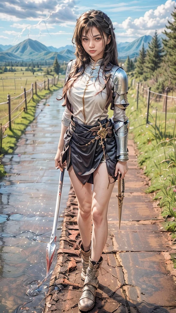 Masterpiece, best quality, 1girl, A beautiful girl, she is a knight in a full body armor, gold armor,  a longsword in her hand, is now walking back from battlefield, few skin wounds and  skin scratches, pouring rain, lightning. Expansive view in the background, mountains, grey cloud, muddy footpath