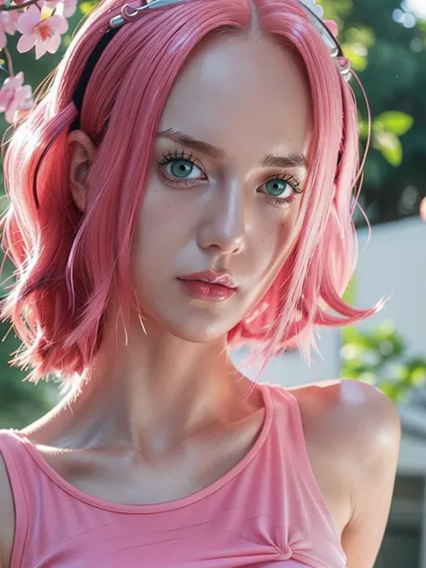 young woman, short shoulder-length pink hair, wide forehead, porcelain skin, pink eyebrows, big emerald green eyes, buttoned nos...