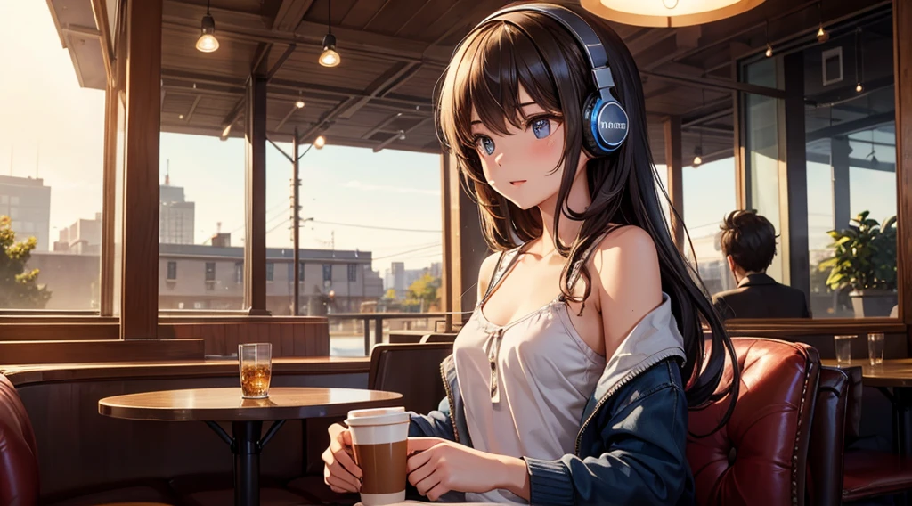 Girl with headphones enjoying music in a cafe　I am studying　Emphasize a little bit of the chest