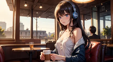 girl with headphones enjoying music in a cafe　i am studying　emphasize a little bit of the chest