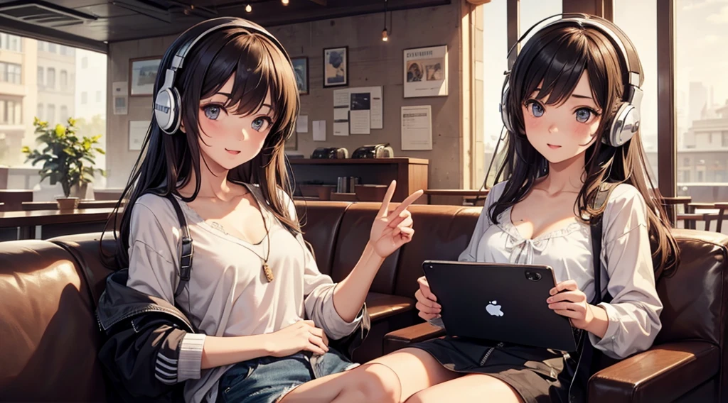 Girl with headphones enjoying music in a cafe　I am studying　Emphasize a little bit of the chest